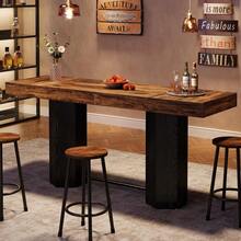 LITTLE TREE 180cm Rectangular Bar Table‑Industrial‑Metal Footrest‑Rustic Brown & Black‑Counter Height‑For Kitchen Dining Room Living Room Pub - Brownish Black - View 1