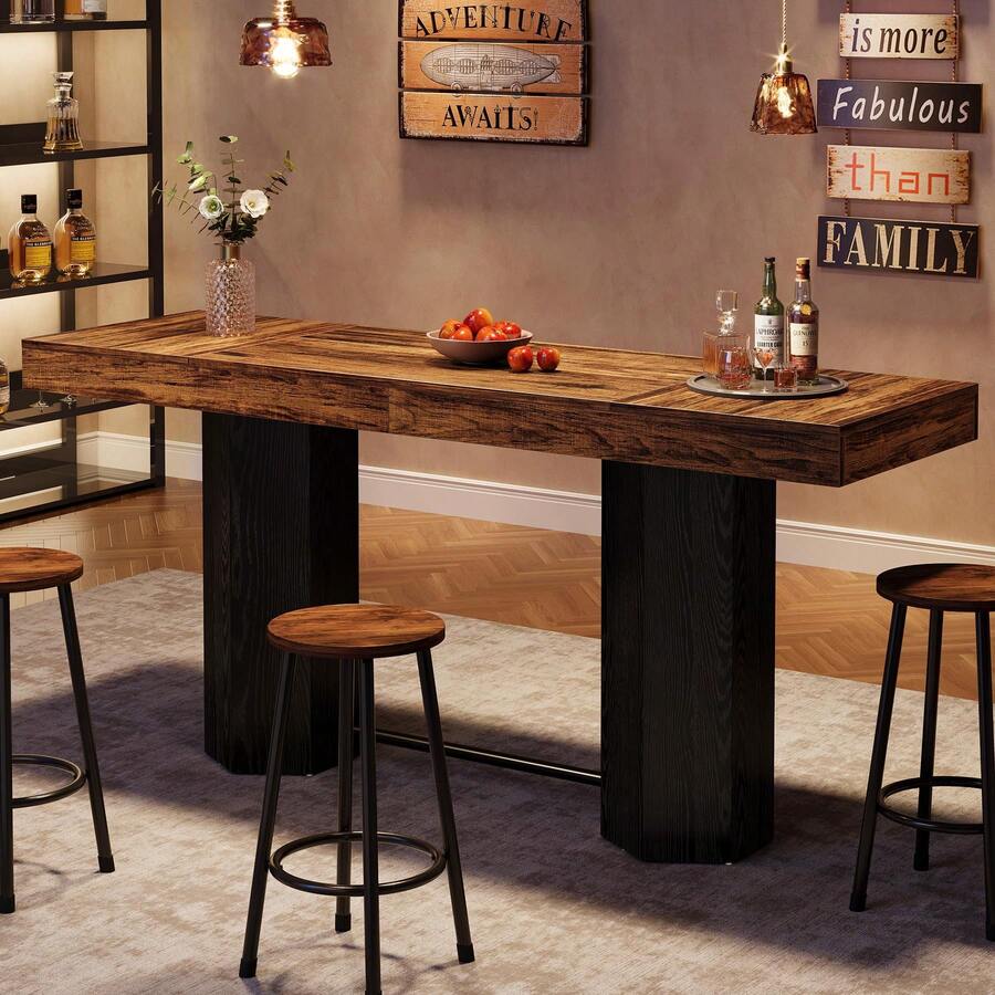 LITTLE TREE 180cm Rectangular Bar Table‑Industrial‑Metal Footrest‑Rustic Brown & Black‑Counter Height‑For Kitchen Dining Room Living Room Pub - Brownish Black - View 1