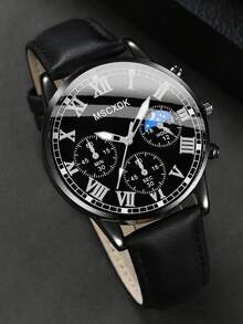MSCXDK Multifunctional Chronograph Wrist‑Watch, Black Leather Strap Business Quartz Wristwatch With Roman Numeral Dial, Daily Accessory For Men - Multicolor - View 4
