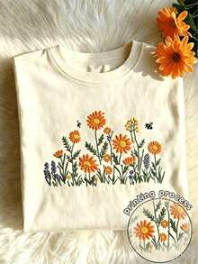 Y2K Style, Fashion Style, Newest 2026, Cute Style, Casual Style, Women's Blouses > Clothing. Sunflower Embroidery Design, Vibrant Floral Print Spring And Summer Set For Women, Casual Round Neck Short Sleeve T-Shirt For Women 180g (S-XXXL) - 杏子 2 - 查看 6