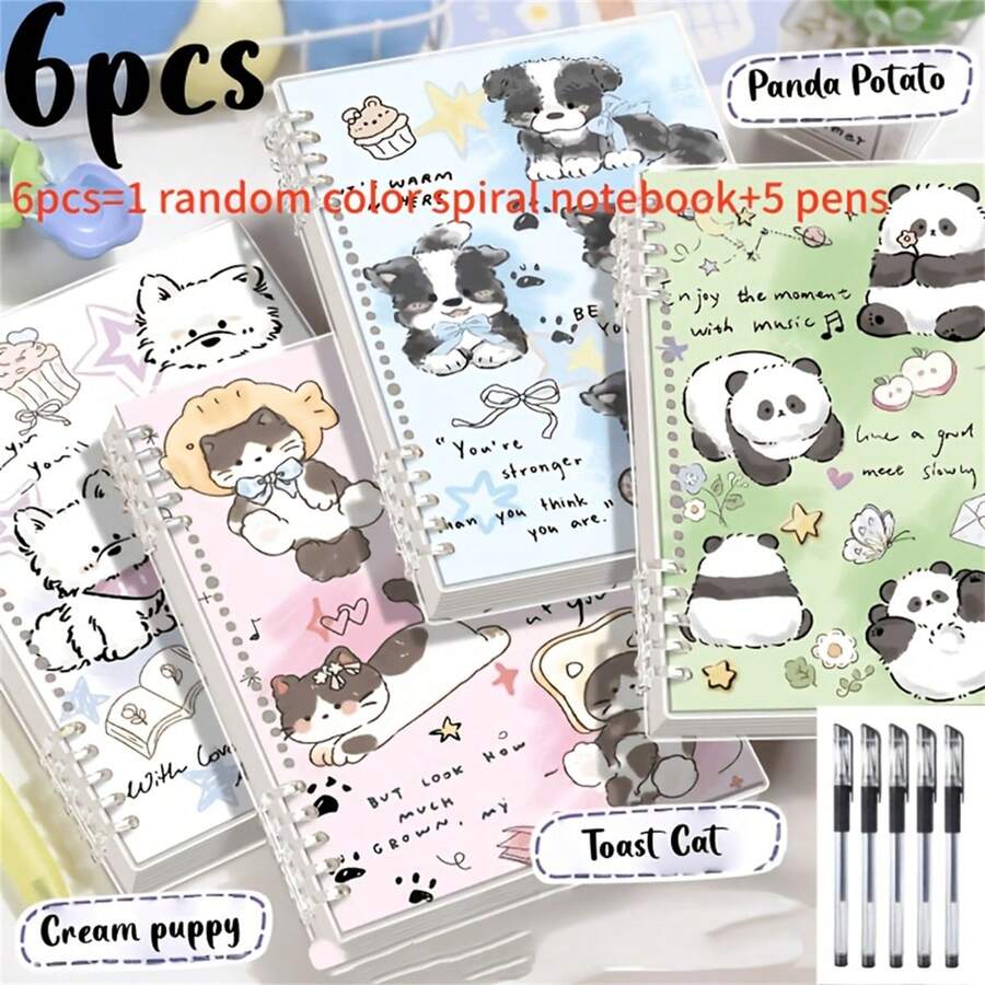 Set 6 Buah, Termasuk 1 Buku Catatan Spiral yang Dapat Dilepas, 5 Pulpen, Desain Hewan Kucing/Anjing/Panda yang Lucu, Menambah Keseruan Waktu Belajar, Praktis untuk Belajar dan Mengatur Materi. - Hewan kecil - View 1