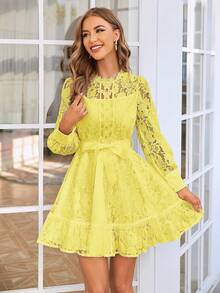 Simplee Gaun Pendek Wanita Musim Gugur Baru Elegan Warna Polos dengan Pinggang Renda Ketat, Cocok untuk Kencan, Pesta, dan Liburan - Kuning - View 3