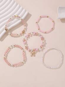 NAIZHU 5pcs/Set Fashionable Children's Luxury Pink Sweet Bracelet Set With Heart & Bow Pendant Glass Beads, New Year Gift For Girls - Multicolor - View 3