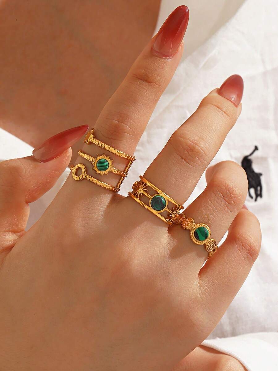 3pcs Stainless Steel Minimalist Green Malachite Inlaid Star & Sun Ring Set, Suitable For Women's Daily And Holiday Wear - Multicolor - View 1