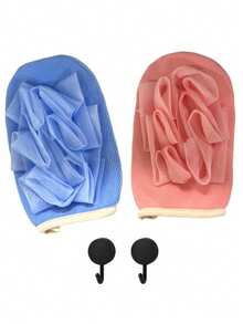 4Pcs Set 2-In-1 Bath Glove & Loofah, Dual-Use Exfoliating Shower Mitt With Bubble Sponge, Comes With 2 Hooks For Hanging Storage, Body Scrub Bath Accessory For Bathroom - Multicolor - View 12