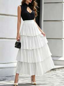 DONICY Falda midi blanca de cintura alta con volantes en capas para mujer, falda de gasa fluida con corte en A, estilo casual de vacaciones - Blanco - Ver 8