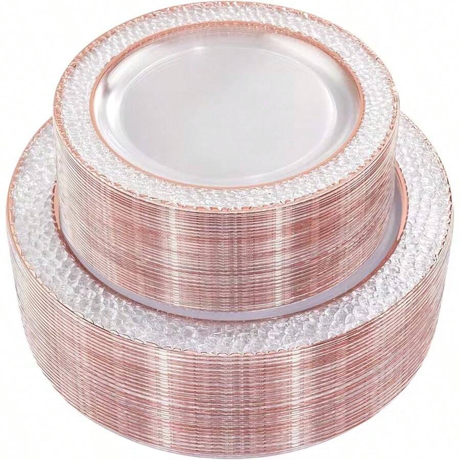 20pcs Transparent Rose Gold Rim Hammered Texture Appetizer Plates, 7.5 Inch Dessert Plates, Elegant Table Decor Small Plates, Suitable For Wedding Receptions, Birthday Parties, Holidays And Summer Parties, Reusable - Rose Gold - View 1