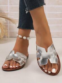Women Silver Metallic H‑Shape Woven Slide Sandals, Open‑Toe Outdoor Slip‑On Slides, Summer Beach Vacation Shoes - Silver - View 5