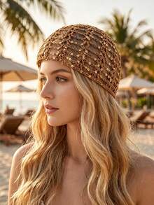 Women's Y2K Contrast Color Sequin Hollow‑Out Knitted Hat, Breathable Handmade Casual Beanie, For Music Festival Holiday Party Photo Prop Outdoor Daily - Multicolor - View 3