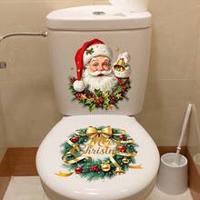 1pc Christmas Toilet Decor Sticker, Santa Claus & Christmas Wreath Bell With Merry Christmas Element, Self-Adhesive Decor Sticker For Bathroom - Multicolor - View 4