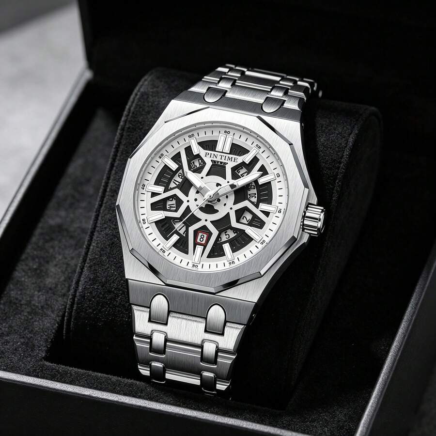 1PC Mechanical-Style Men's Watch, Skeleton Dial, Octagonal Case, With Date Display, Perfect For Everyday Wear Or As A Gift - one-size - View 1