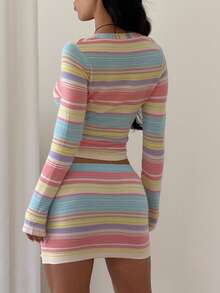 Macaron Rainbow Striped Knit 2 Pieces Set, Deep V-Neck Front Button Long Sleeve Cropped Top, Low Waist Mini Skirt, Beach Vacation Date Outfit Fall - Multicolor - View 4