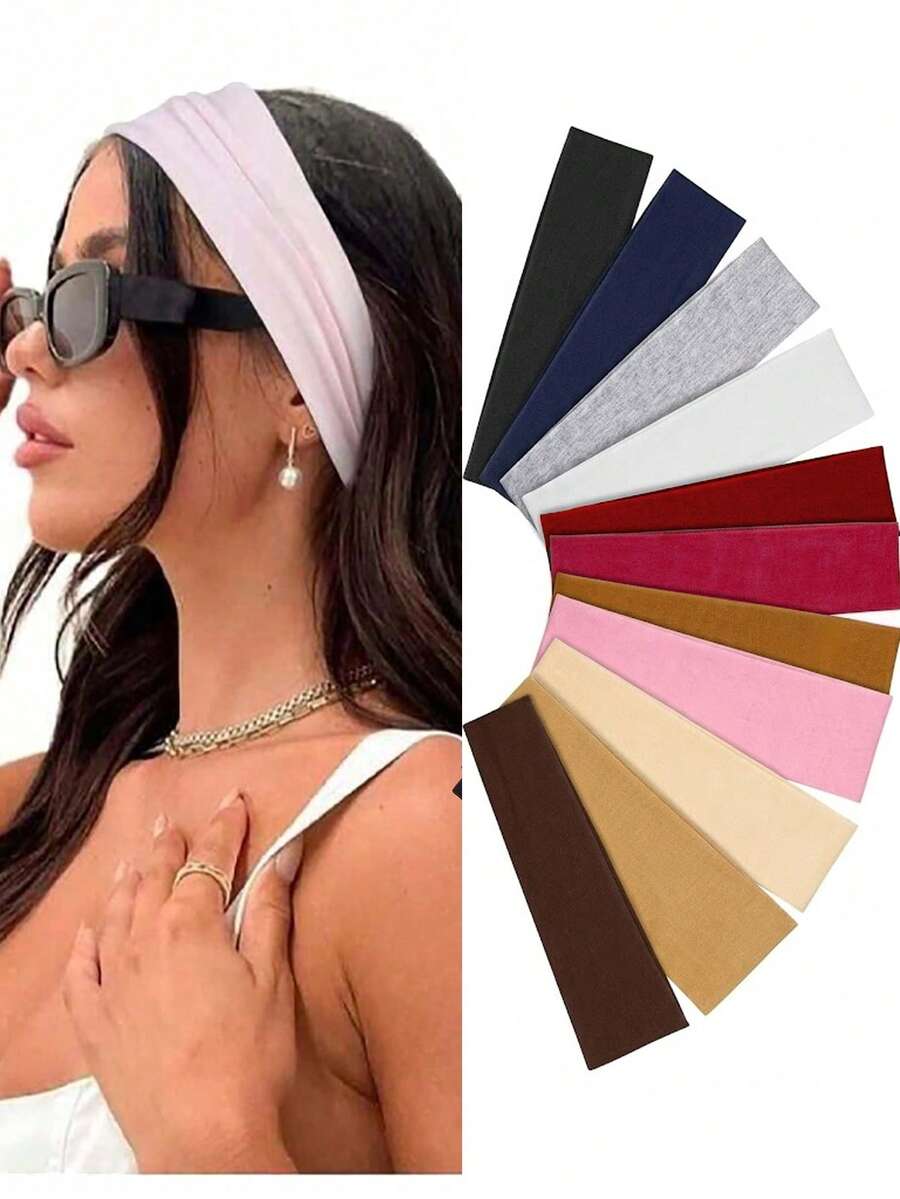 8pcs Women's Soft Elastic Wide Headbands, Solid Color Hairbands For Autumn/Winter, Versatile Minimalist Daily Wear, Sports, Yoga, Face Washing Accessory - Multicolor - View 1