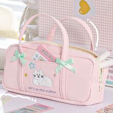 2pcs, Simple Handheld Cat Pencil Bag Zipper Double Bow Stationery Storage Bag Cosmetic Storage Bag Durable Desktop Pen Bag Student Back To School Office Stationery Storage Bag - Pencil Case - View 5