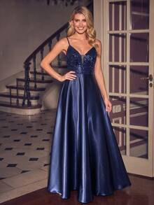 BluePlum Elegant Sequin Spaghetti Strap Satin Patchwork Backless A-Line Floor-Length Evening Gown Dress, For Prom, Evening Party, Date, Wedding Guest, Dinner - Navy Blue - View 5