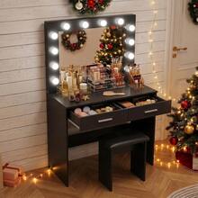 White Dressing Table Set With LED Lights Mirror, Vanity Makeup Table 2 Large Drawers And Stool - Negro - Ver 8