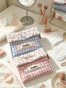 1pc Gingham Floral Fabric Sanitary Pad Storage Bag, Snap Button Closure Portable Period Pouch, Mini Travel Organizer For Student Girls, Hold Napkins Lipstick Small Accessories For Daily Outing Storage Bag - Multicolor - View 6