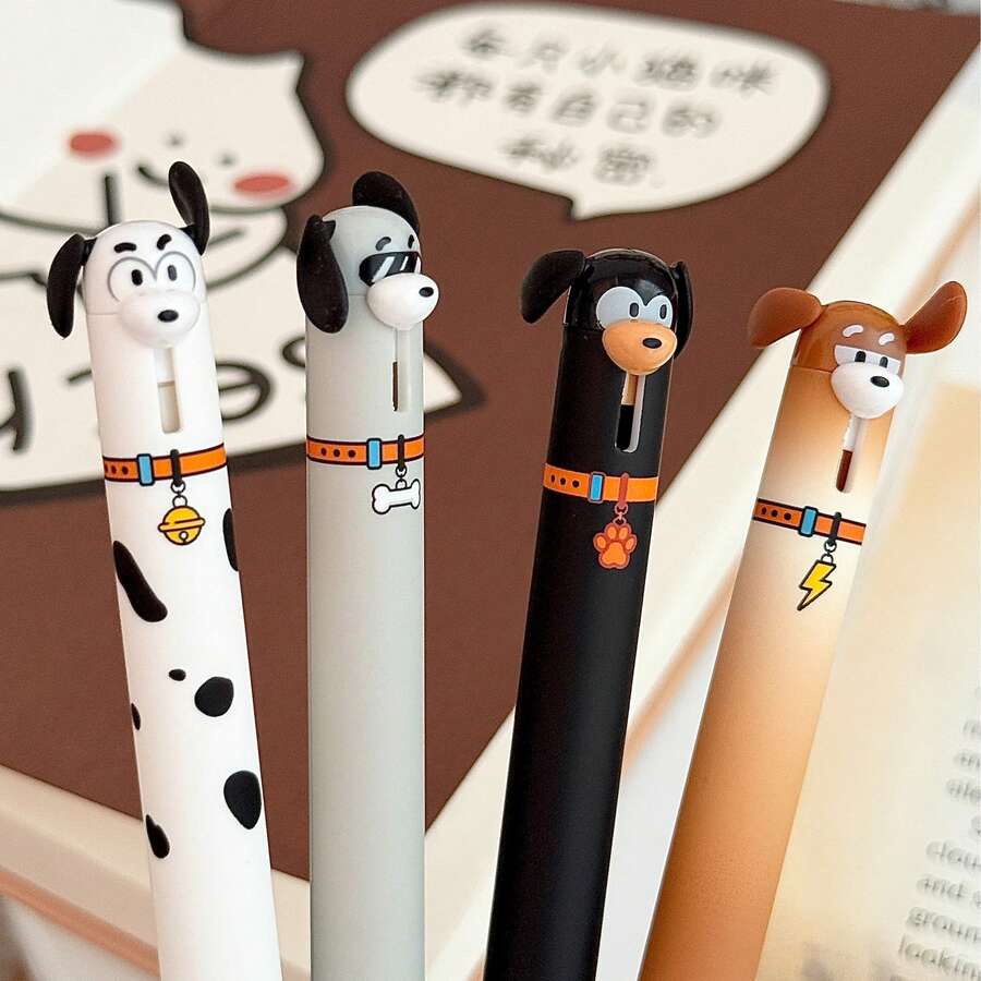 8pcs/4pcs/1PC Cute Cartoon Dog/Cat Retractable Gel Pen Set, Back To School Kawaii Puppy Design 0.5mm Black Ink Writing Pens For Student Office Stationery Supplies - Dongmi Set Pen - View 1