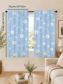 2Pcs Fresh Blue Daisy Curtains, Artistic Floral Print, Bedroom Kitchen Translucent Decorative Curtains - Multicolor - View 12