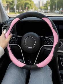 1PC Black Pink PU Leather Steering Wheel Cover, Cute Feminine Car Interior Accessories, Stylish Color Block Round Auto Decor With Soft Textured Grip, Premium Stitched Universal Fit Steering Wheel Protector For Women Daily Commute Road Trip - A - View 7