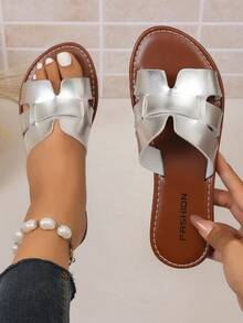 Women Silver Metallic H‑Shape Woven Slide Sandals, Open‑Toe Outdoor Slip‑On Slides, Summer Beach Vacation Shoes - Silver - View 2