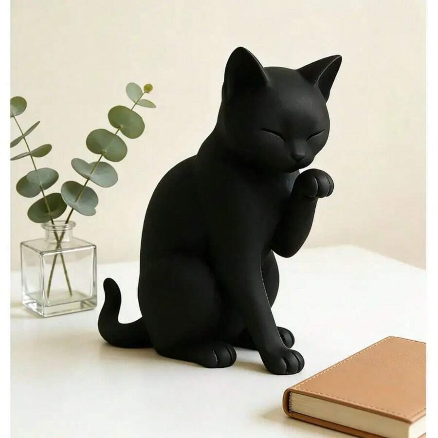1PC Matte Frosted Black Lucky Cat Figurine, Nordic Minimalist Healing Style Living Room Entryway Desktop Resin Decorative Craft - Little Black Cat - View 1