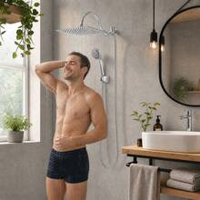 High Pressure 12 Inch Rain Shower Head Combo with Handheld - 10 Spray Modes - L-Shaped Extension Arm - Dual Fixed Bathroom Shower Set - Chrome Finish - Lowered Extension Slide Bar - Bogenförmige obere Verlängerungsstange - Übersicht 5