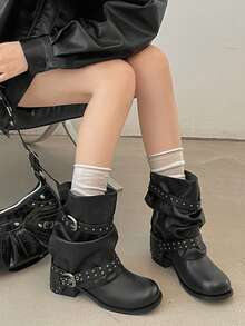Women's Black Rivet Belt Pleated PU Comfortable Flat Thick Heel Classic Retro Boots Suitable For Outdoor Walking - Black - View 9