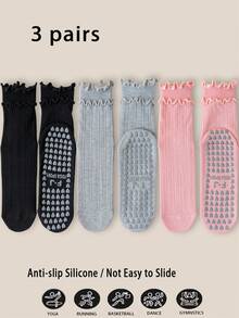 1/3/5/6 Pairs Women's Non-Slip Pilates Socks, Elegant Double-Layer Ruffle Design, Unique Custom Silicone Grip Sole, Suitable For Pilates, Yoga, Gym, Aerobics, Dance, Gift-Giving, All-Season - Multicolor - View 12