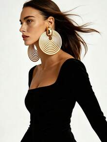 1 Pasang Anting Panjang Berbentuk Bulat Berlapis Emas Mengkilap Gaya Modern Eropa & Amerika, Cocok untuk Wanita, Desain Geometris Berat yang Berlebihan untuk Pesta dan Liburan - Emas - View 3