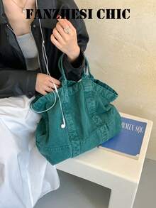復古水洗帆布托特包，做舊紋理柔軟慵懶包身，短手柄設計，大容量可裝書籍與筆電，休閒上學通勤旅行女款單肩包 - 綠色 - 查看 7