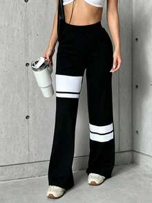 Hidkat Women's Solid Color Patchwork High Waist Elastic Fitted Yoga Casual Sports Knit Flare Pants - Black and White - View 3