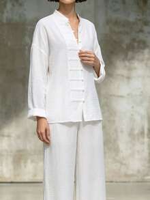 Women's White Non-Stretch 2 Pieces Casual Formal Wide Leg Pants Set, Suitable For Home Leisure, Travel And Vacation - White - View 5