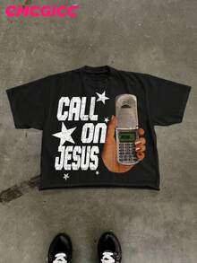EMCGICC Jesus Shirt,CALL ON JESUS,Y2k Graphic T-Shirt Men's Summer Short Sleeved Cotton Casual Outdoor Street,God Shirts,Surprise Gift,Graphic Tees Men - 黑色 - 查看 1