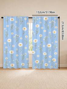 2Pcs Fresh Blue Daisy Curtains, Artistic Floral Print, Bedroom Kitchen Translucent Decorative Curtains - Multicolor - View 16