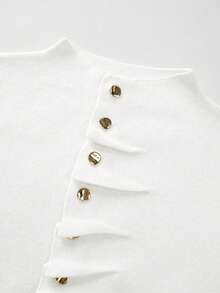 Gold Heart Button Knit Cardigan, Fitted Crew Neck, Long Sleeves, Soft Stretch Fabric, White Elegant Layering Top For Fall Winter Office And Vacation - White - View 5