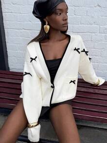 Autumn/Winter Plus Size Women's Fashion Elegant Bow Cardigan, French Sweet Style With Pockets, Suitable For Dates And Gatherings - White - View 5