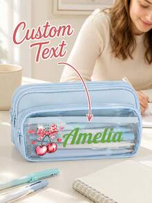 Personalized Name Cherry Bow Design Pencil Case, Customized Text Large Capacity Multi-Compartment Pencil Pouch With Transparent Front Pocket, Portable Stationery Storage Bag And Makeup Organizer, Suitable For College, Office, Travel, Birthday And Back To School Gifts - Multicolor - View 3