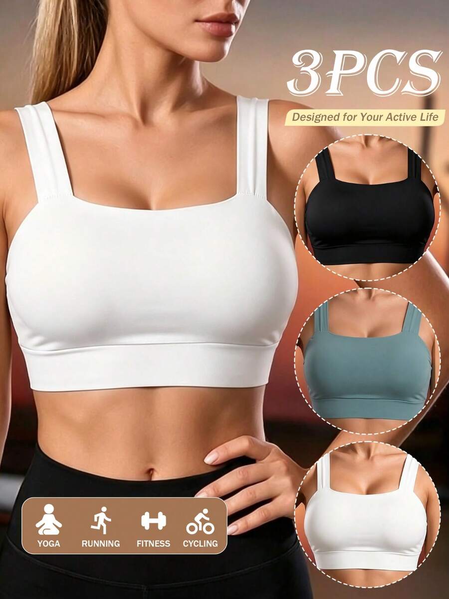 3pcs Women's Plus Size (Runs Small) Seamless Sports Bras: Wire-Free Push-Up Tank Tops, Wide Straps, Shock-Absorbing Gym Fitness Style