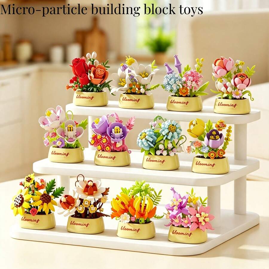 12pcs Micro Particle Flower Potted Building Blocks, Mini Particle Assembly, ABS Material, Suitable For Children 6+ Years Old, Develop Hands-On Ability, Can Be Desktop Decor, Window Display Collection, Holiday Small Gift, Gift Box Packaging - Multicolor - View 1