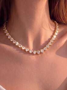 1pc Gold Heart-Shaped Rhinestone Tennis Choker Necklace, Crystal Chain Women's Jewelry, Shiny Romantic Comfortable, Valentine's Day Daily Party Accessory - Gold - View 2