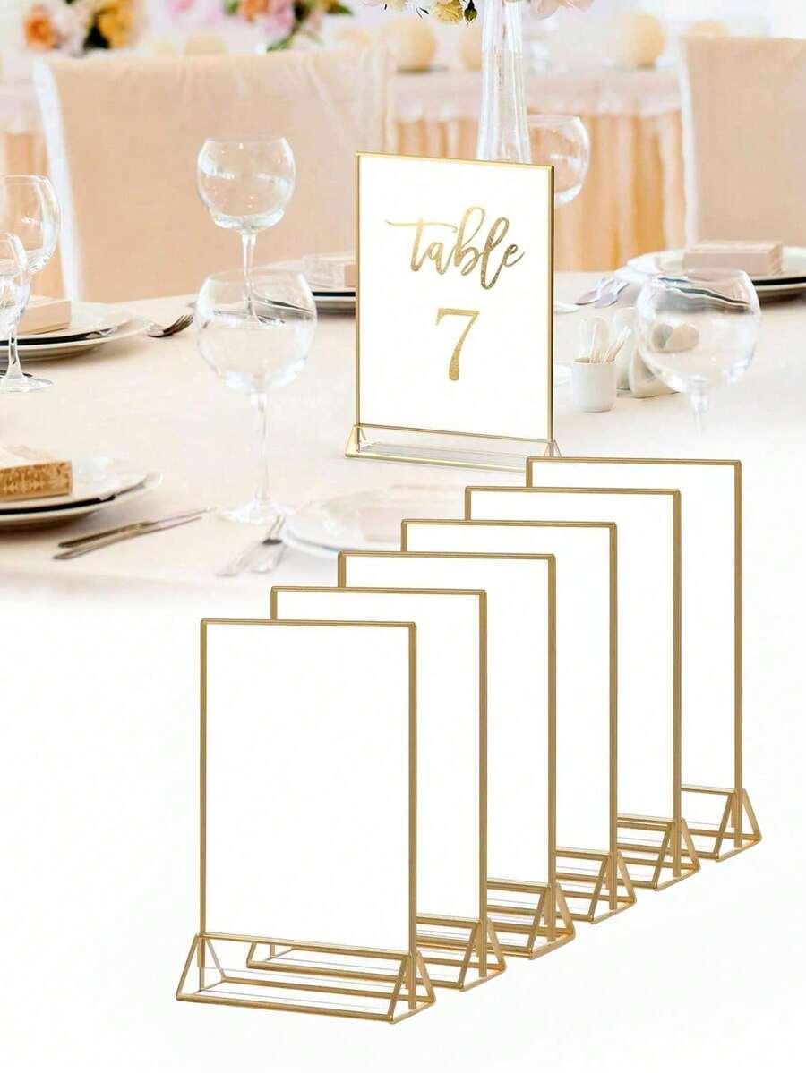 6 Conjuntos de Cartões de Menu de Mesa de Restaurante Vertical 10*15cm, Suportes de Número de Mesa de Casamento em Acrílico Transparente, Suportes de Exibição de Fotos com Moldura Dourada e Moldura Dourada Dupla, Adequado para Jantar Pré-Casamento e Festa de Noivado