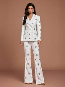 Elegant Women 2 Pcs Set,Fitted Rhinestone Embellished Blazer And Flared Pants,Formal Outfit For Evening Party Prom Business Occasion - White - View 6