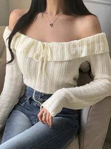 Sweater Lengan Panjang Wanita Kasual Warna Polos Model Off Shoulder - Aprikot - View 1