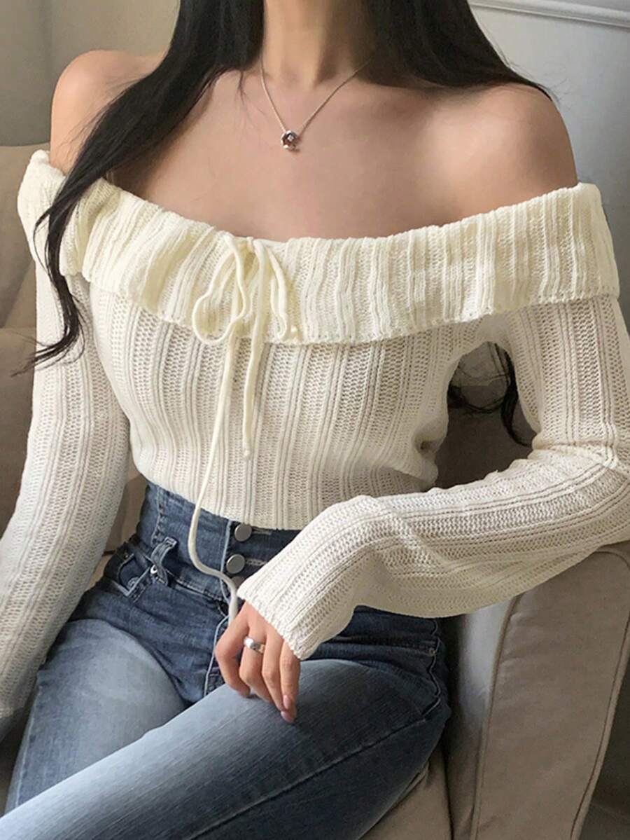 Sweater Lengan Panjang Wanita Kasual Warna Polos Model Off Shoulder - Aprikot - View 1