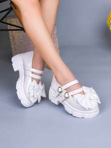 Autumn/Winter New Girls' White Mary Jane Shoes, Bow & Pearl Decor, Simple Sweet Versatile Children's Princess Shoes - White - View 2