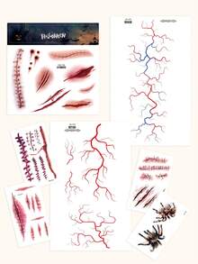 7PCS Halloween Creative Realistic Scar Stitch Wound Vein Spider Pattern Halloween Makeup Party Gift Shoulder Neck Collarbone Waist Abdomen Body Temporary Waterproof Tattoo Stickers - Multicolor - View 7