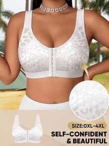 MEIYATING 1pc Plus Size Women's Front Closure Wireless Sports Bra, Supportive Push-Up Back-Flattering Leopard Print Bra, Breathable Comfortable Everyday Wear - White - View 7