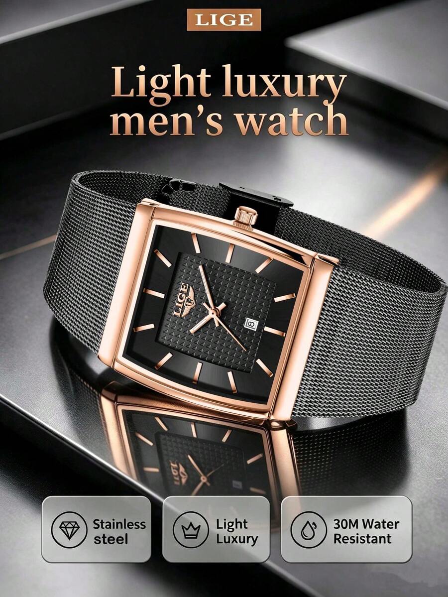 Foxbox LIGE Men's Fashion Luxury High-End Brand Watch, Stainless Steel Band Quartz Watch, Waterproof, Daily Wear, Luminous Dial, Men's Watch - Silver - View 1