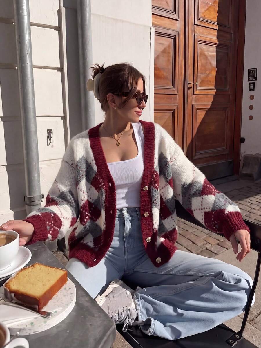 Women's Argyle Cardigan Sweater, Soft Long Sleeve Knit Top, Suitable For Christmas, Halloween, Thanksgiving - Red - View 1